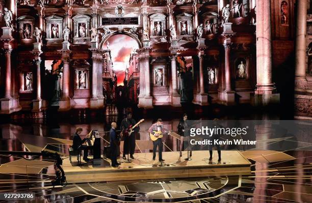 Musician Sufjan Stevens performs onstage during the 90th Annual Academy Awards at the Dolby Theatre at Hollywood & Highland Center on March 4, 2018...