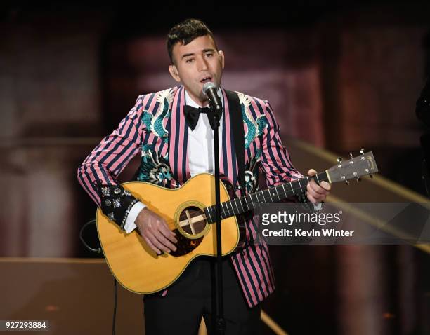 Recording artist Sufjan Stevens performs onstage during the 90th Annual Academy Awards at the Dolby Theatre at Hollywood & Highland Center on March...