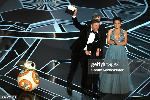 Actors Oscar Isaac, Mark Hamill and Kelly Marie Tran speak onstage during the 90th Annual Academy Awards at the Dolby Theatre at Hollywood & Highland...