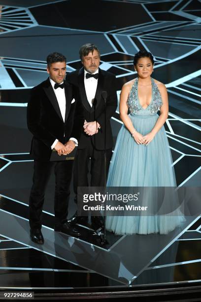 Actors Oscar Isaac, Mark Hamill and Kelly Marie Tran speak onstage during the 90th Annual Academy Awards at the Dolby Theatre at Hollywood & Highland...