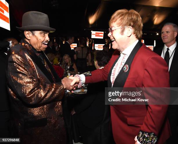 Joe Jackson and Sir Elton John attend the 26th annual Elton John AIDS Foundation Academy Awards Viewing Party sponsored by Bulgari, celebrating EJAF...