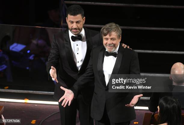 Host Jimmy Kimmel and actor Mark Hamill speak onstage during the 90th Annual Academy Awards at the Dolby Theatre at Hollywood & Highland Center on...