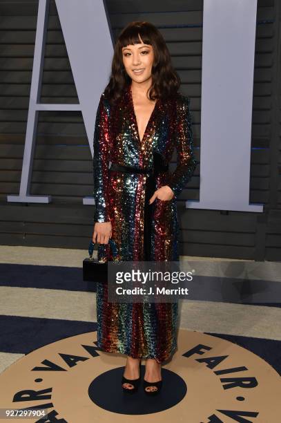 Constance Wu attends the 2018 Vanity Fair Oscar Party hosted by Radhika Jones at the Wallis Annenberg Center for the Performing Arts on March 4, 2018...