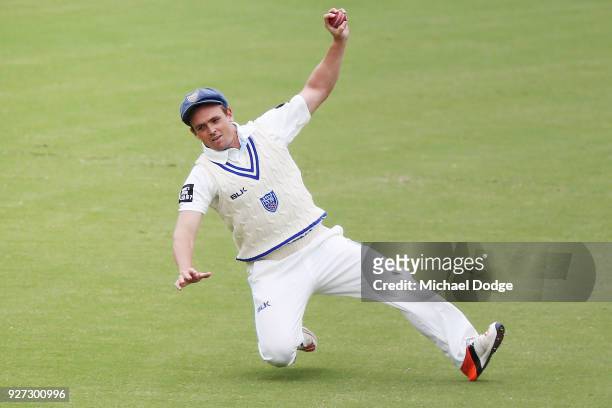 Steve O'Keefe catches the ball during day three of the Sheffield Shield match between Victoria and New South Wales at Junction Oval on March 5, 2018...
