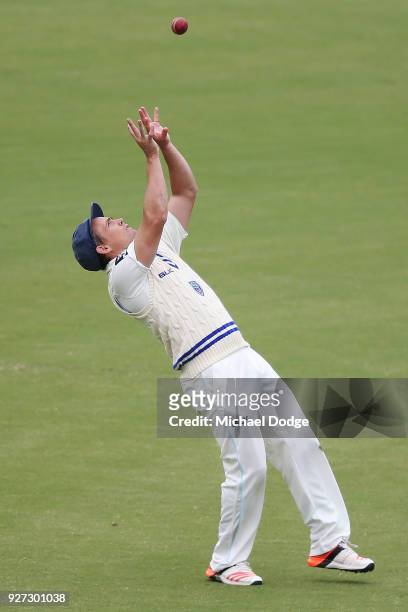 Steve O'Keefe catches the ball during day three of the Sheffield Shield match between Victoria and New South Wales at Junction Oval on March 5, 2018...