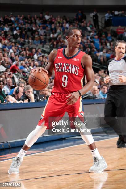 Rajon Rondo of the New Orleans Pelicans handles the ball against the Dallas Mavericks on March 4, 2018 at the American Airlines Center in Dallas,...