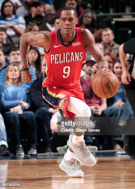 Rajon Rondo of the New Orleans Pelicans handles the ball against the Dallas Mavericks on March 4, 2018 at the American Airlines Center in Dallas,...
