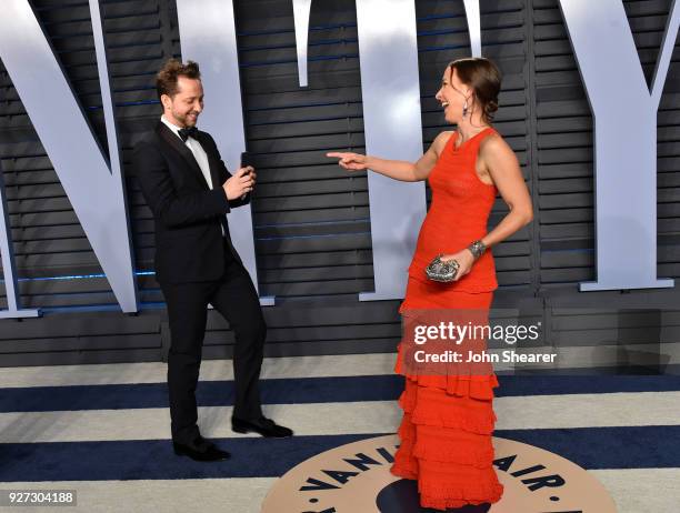 Writer Derek Blasberg and CEO of 23andMe Anne Wojcicki attend the 2018 Vanity Fair Oscar Party hosted by Radhika Jones at Wallis Annenberg Center for...