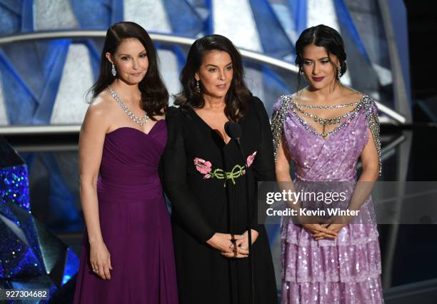 Actors Ashley Judd, Annabella Sciorra and Salma Hayek speak onstage during the 90th Annual Academy Awards at the Dolby Theatre at Hollywood &...