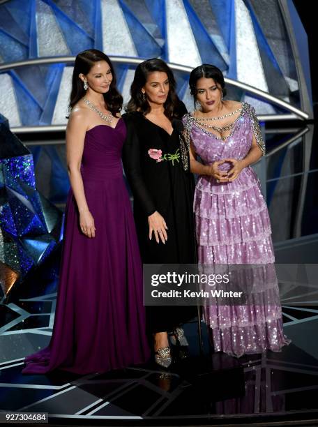 Actors Ashley Judd, Annabella Sciorra and Salma Hayek speak onstage during the 90th Annual Academy Awards at the Dolby Theatre at Hollywood &...
