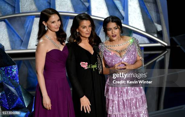 Actors Ashley Judd, Annabella Sciorra and Salma Hayek speak onstage during the 90th Annual Academy Awards at the Dolby Theatre at Hollywood &...