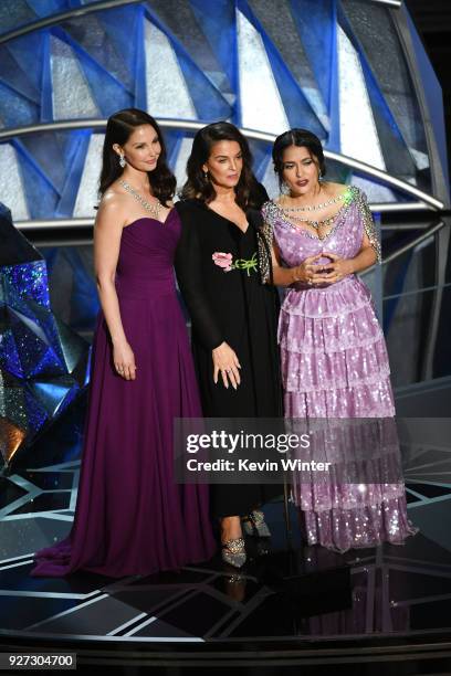 Actors Ashley Judd, Annabella Sciorra and Salma Hayek speak onstage during the 90th Annual Academy Awards at the Dolby Theatre at Hollywood &...