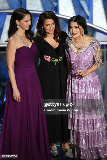 Actors Ashley Judd, Annabella Sciorra and Salma Hayek speak onstage during the 90th Annual Academy Awards at the Dolby Theatre at Hollywood &...