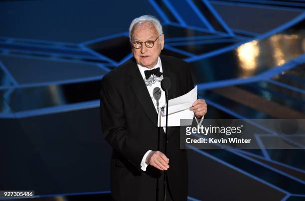 Screenwriter James Ivory accepts Best Adapted Screenplay for 'Call Me by Your Name' onstage during the 90th Annual Academy Awards at the Dolby...