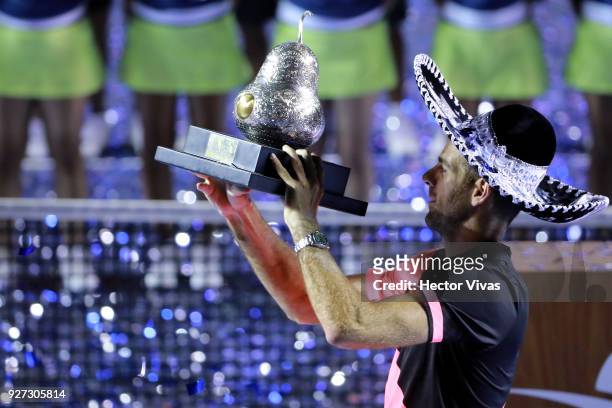 Juan Martin del Potro of Argentina celebrates after winning the Championship match between Kevin Anderson of South Africa and Juan Martin del Potro...
