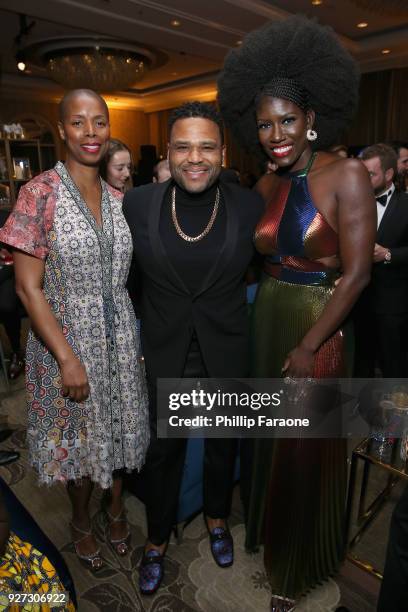 Actors Tasha Smith, Anthony Anderson and executive Bozoma Saint John attend Mercedes-Benz USA Official Awards Viewing Party at Four Seasons, Beverly...