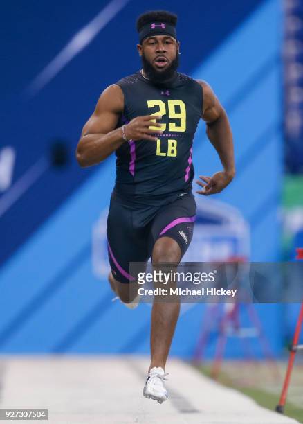 Clemson linebacker Dorian O'Daniel runs in the 40 yard dash during the NFL Scouting Combine at Lucas Oil Stadium on March 4, 2018 in Indianapolis,...