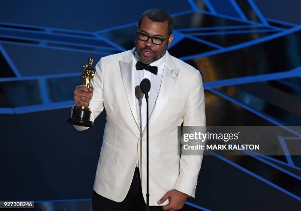 Director Jordan Peele delivers a speech after he won the Oscar for Best Original Screenplay for "Get Out" during the 90th Annual Academy Awards show...