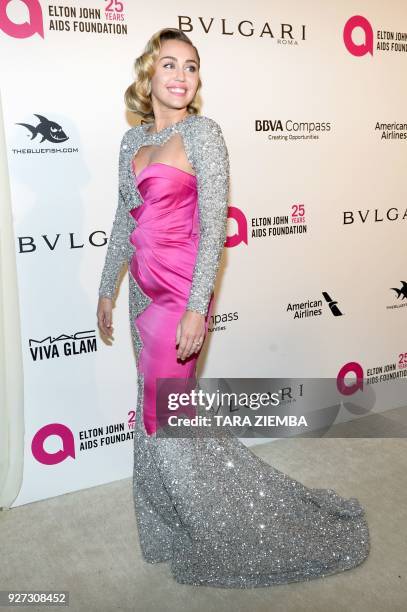 Actress/singer Miley Cyrus attends the Elton John AIDS Foundation 26th Annual Academy Awards Viewing Party on March 4, 2018 at West Hollywood Park,...