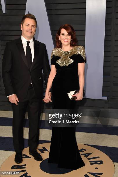 Actor Nick Offerman and actress Megan Mullally attend the 2018 Vanity Fair Oscar Party hosted by Radhika Jones at the Wallis Annenberg Center for the...