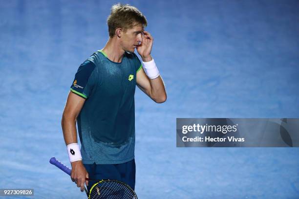 Kevin Anderson of South Africa reacts during the Championship match between Kevin Anderson of South Africa and Juan Martin del Potro of Argentina as...