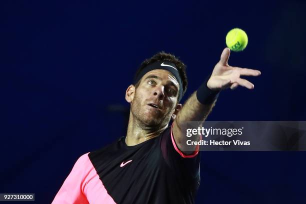 Juan Martin del Potro of Argentina serves during the Championship match between Kevin Anderson of South Africa and Juan Martin del Potro of Argentina...