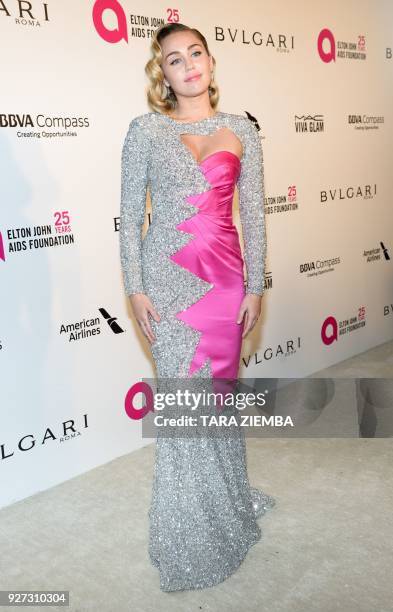 Actress/singer Miley Cyrus attends the Elton John AIDS Foundation 26th Annual Academy Awards Viewing Party on March 4, 2018 at West Hollywood Park,...