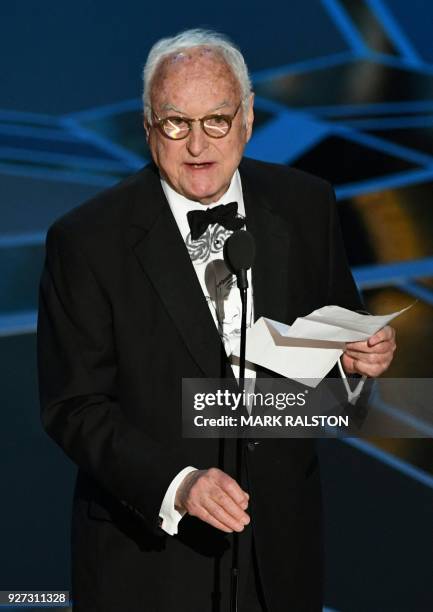 Screenwriter and director James Ivory delivers a speech after he won the Oscar for Best Adapted Screenplay for "Call Me by Your Name" during the 90th...