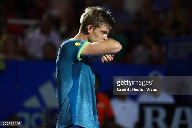 Kevin Anderson of South Africa reacts during the Championship match between Kevin Anderson of South Africa and Juan Martin del Potro of Argentina as...
