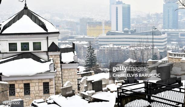 This photograph taken on February 23 shows a view of the city from the Jewish cemetery in Sarajevo. No more than 800 Jews still live in the Bosnian...