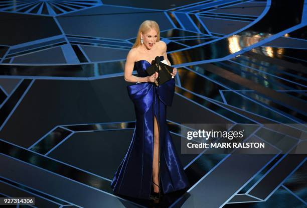 Australian actress Nicole Kidman presents the Oscar for Best Original Screenplay during the 90th Annual Academy Awards show on March 4, 2018 in...