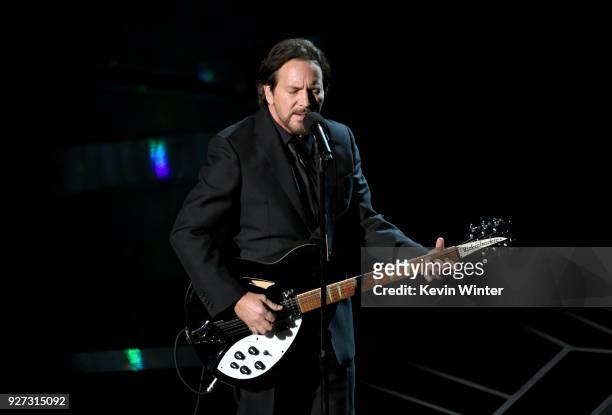Musician Eddie Vedder performs onstage during the 90th Annual Academy Awards at the Dolby Theatre at Hollywood & Highland Center on March 4, 2018 in...
