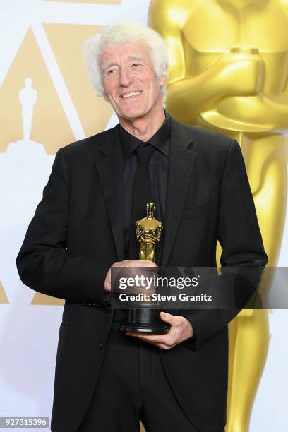 Roger Deakins winner of the Best Cinematography for "Blade Runner" poses in the press room during the 90th Annual Academy Awards at Hollywood &...