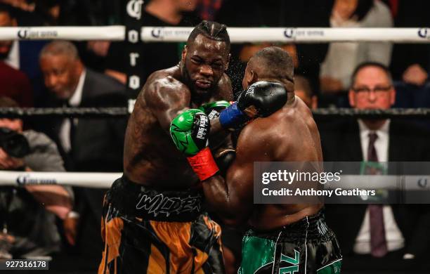 Luis Ortiz and Deontay Wilder fight during their WBC Heavyweight Championship fight at Barclays Center on March 3, 2018 in the Brooklyn Borough of...