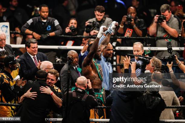 Brooklyn, NY Deontay Wilder gets his hand raised by the referee after defeating Luis Ortiz by knock out in the tenth round during their WBC...