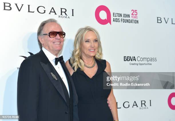Peter Fonda and Parky Fonda attend the 26th annual Elton John AIDS Foundation's Academy Awards Viewing Party at The City of West Hollywood Park on...