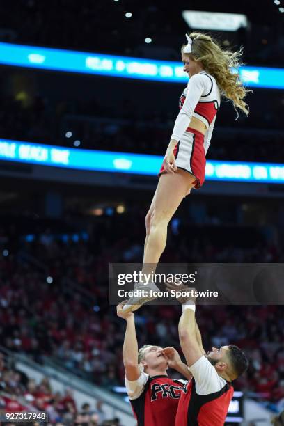 North Carolina State Wolfpack cheerleaders during the men's college basketball game between the Louisville Cardinals and the North Carolina State...