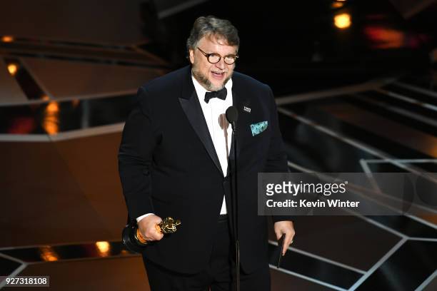 Director Guillermo del Toro accepts Best Director for 'The Shape of Water' onstage during the 90th Annual Academy Awards at the Dolby Theatre at...