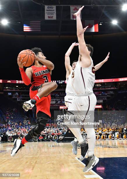 Illinois State guard Keyshawn Evans goes up for a shot during a Missouri Valley Conference Basketball Tournament game between Loyola Ramblers and...