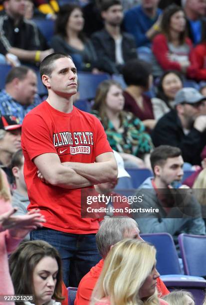 Disappointed Illinois State fan watches as his team looses during a Missouri Valley Conference Basketball Tournament championship game between Loyola...