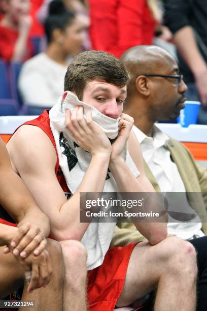 Disappointed Illinois State guard Matt Hein waits for the end of the Missouri Valley Conference Basketball Tournament championship game between...