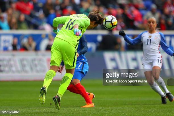France goalkeeper Sarah Bouhaddi heads the ball away during the first half the SheBelieves Cup Womens Soccer game between the United States of...