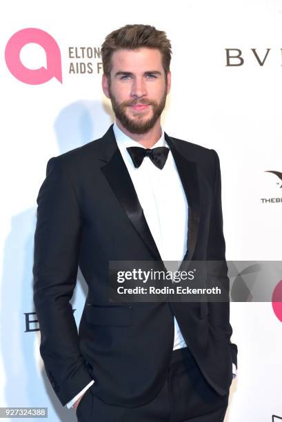 Liam Hemsworth attends the 26th annual Elton John AIDS Foundation's Academy Awards Viewing Party at The City of West Hollywood Park on March 4, 2018...