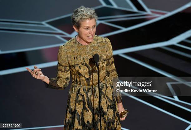 Actor Frances McDormand accepts Best Actress for 'Three Billboards Outside Ebbing, Missouri' onstage during the 90th Annual Academy Awards at the...