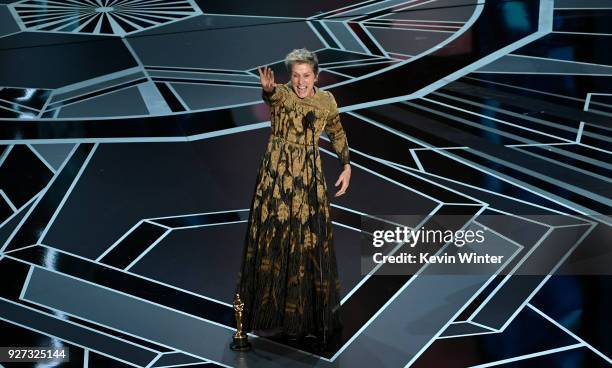 Actor Frances McDormand accepts Best Actress for 'Three Billboards Outside Ebbing, Missouri' onstage during the 90th Annual Academy Awards at the...