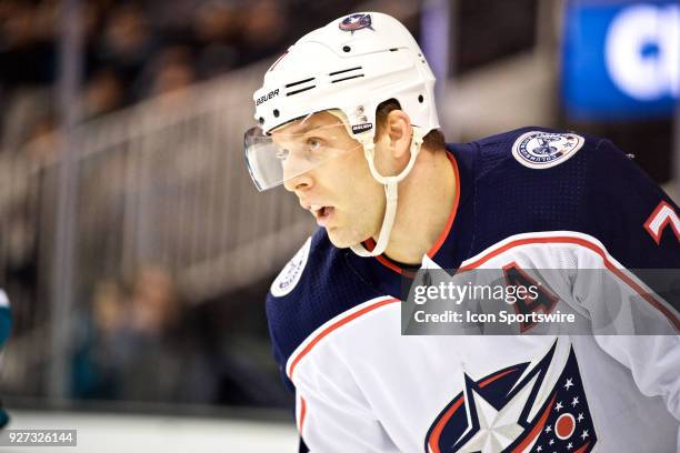 Blue Jackets defenseman Jack Johnson skates back to the bench during the NHL game between the San Jose Sharks and the Columbus Blue Jackets on March...