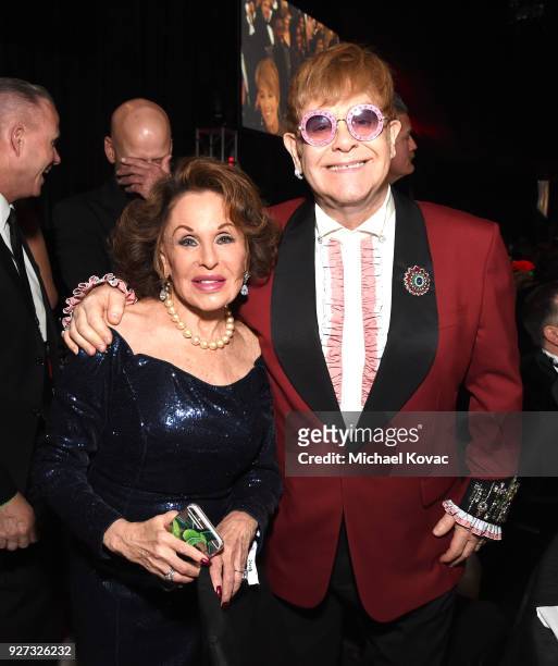 Nikki Haskell and Sir Elton John attend the 26th annual Elton John AIDS Foundation Academy Awards Viewing Party sponsored by Bulgari, celebrating...
