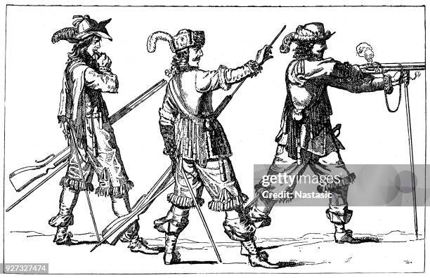 ilustraciones, imágenes clip art, dibujos animados e iconos de stock de mosqueteros francesas debajo louis xiv - musketeer