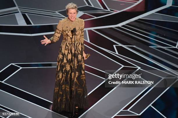 Actress Frances McDormand delivers a speech after she won the Oscar for Best Actress in "Three Billboards outside Ebbing, Missouri" during the 90th...