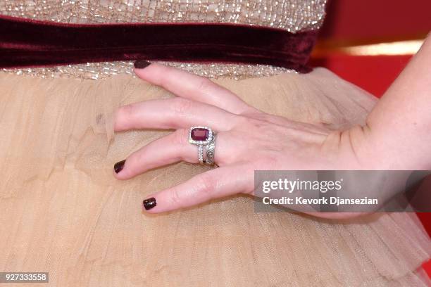 Emily V. Gordon, ring detail, attends the 90th Annual Academy Awards at Hollywood & Highland Center on March 4, 2018 in Hollywood, California.